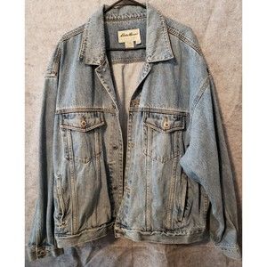 ACID WASHED Y2K Denim Jacket Eddie Bauer Men XXL Cotton Dungaree 4 Pocket HEAVY